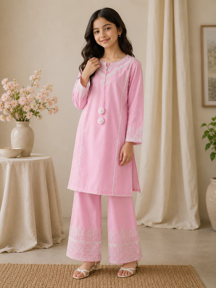 Blush Bloom – Premium Embroidered Kids 2-Piece Suit