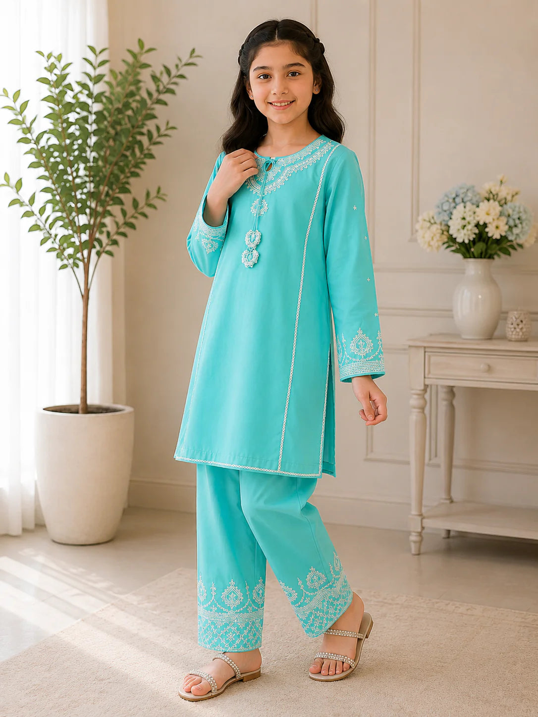 Elegant Aqua Embroidered Kids 2 Piece Suit