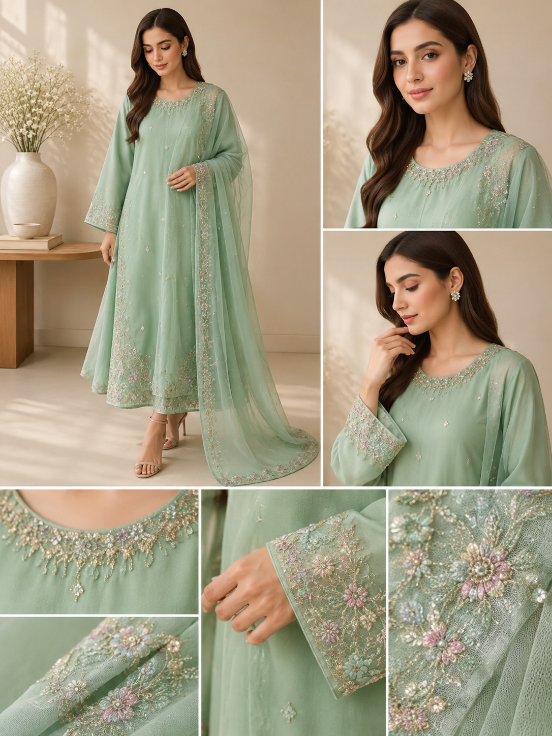 Mint Green Luxury Embroidered 3-Piece Suit