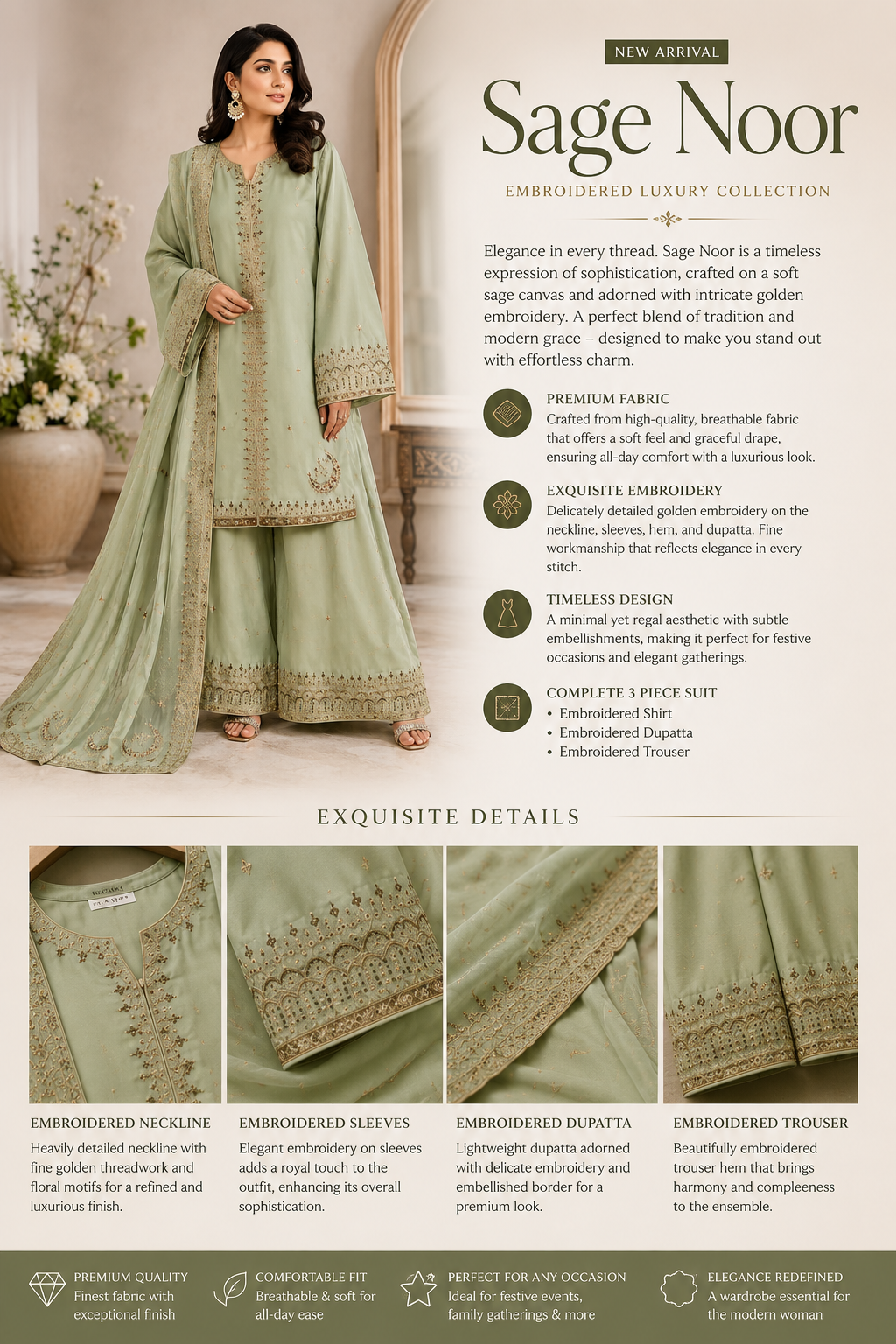Sage Aura Premium Embroidered 3 Piece Suit – Elegant Festive & Party Wear