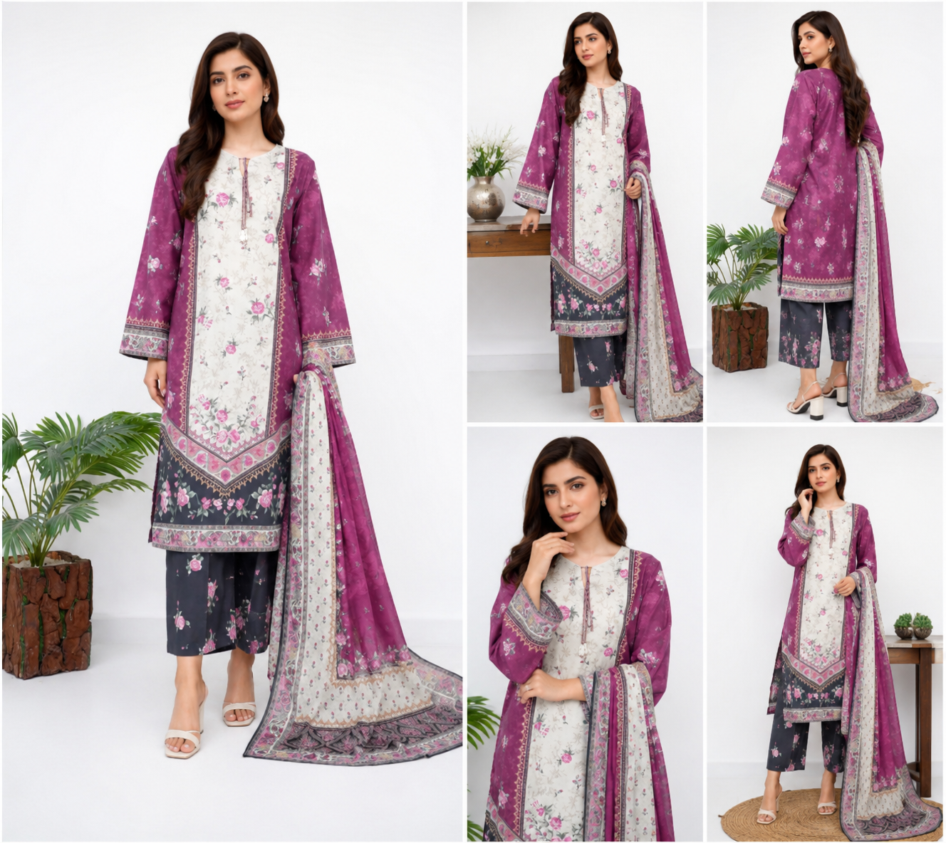 Elegant Floral Printed 3-Piece Lawn Suit with Dupatta – Plum & Ivory