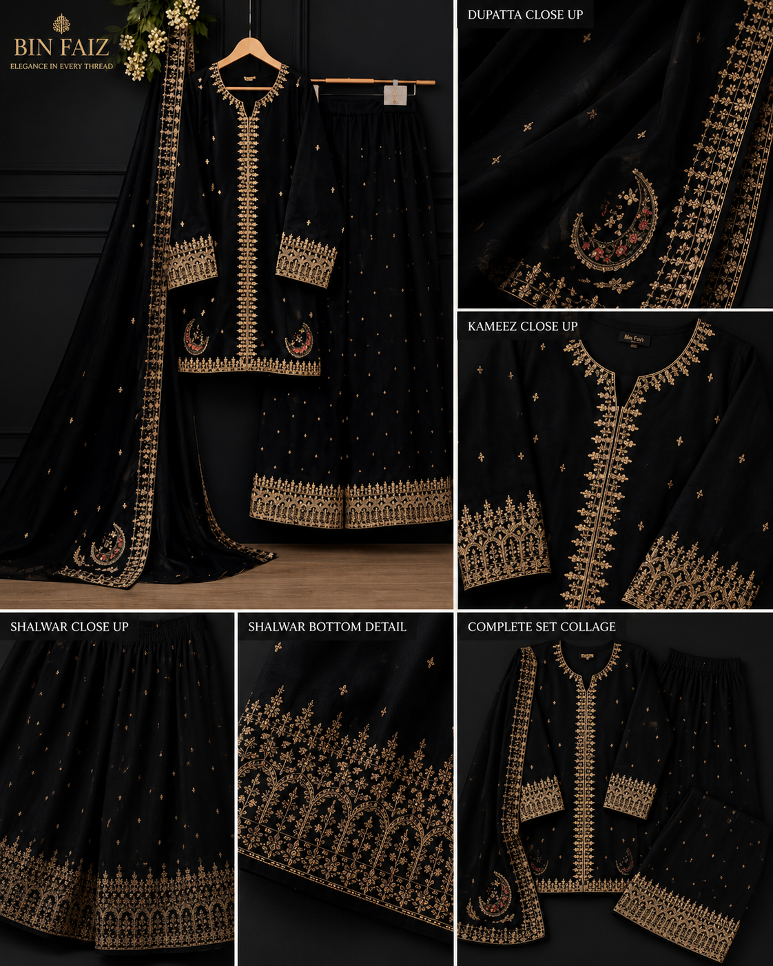 Luxury Black 3 Piece Stitched Suit – Premium Gold Embroidered Shirt with Elegant Dupatta & Wide-Leg Trouser | Festive Collection 2026