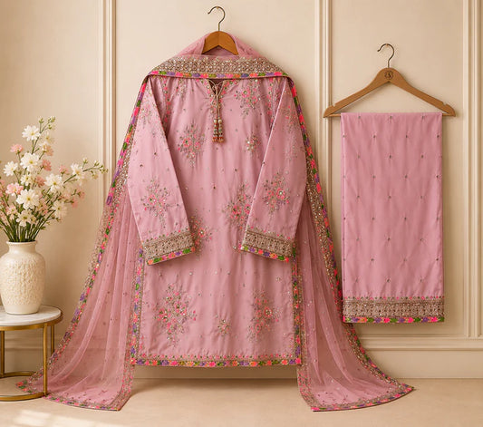 Rosé Bloom Luxury Embroidered Stitched 3-Piece Suit