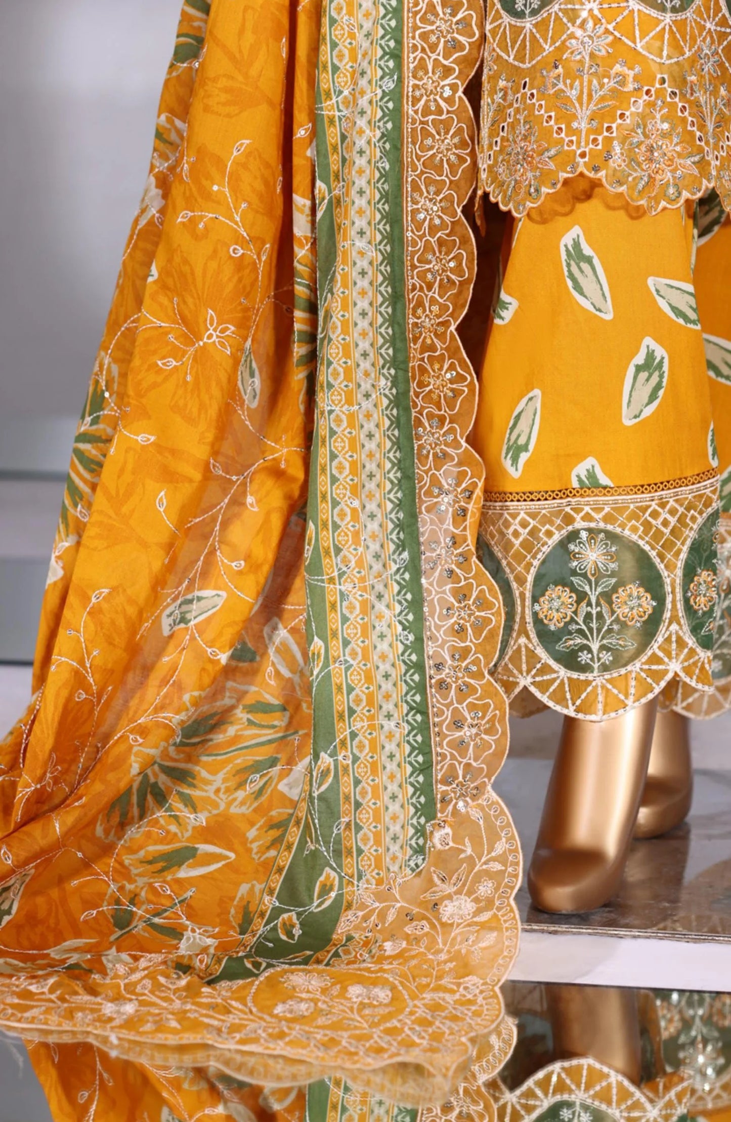 Luxury Embroidered Lawn Stitched 3 Piece Suit - D-02 -  - Yellow - Festive Collection
