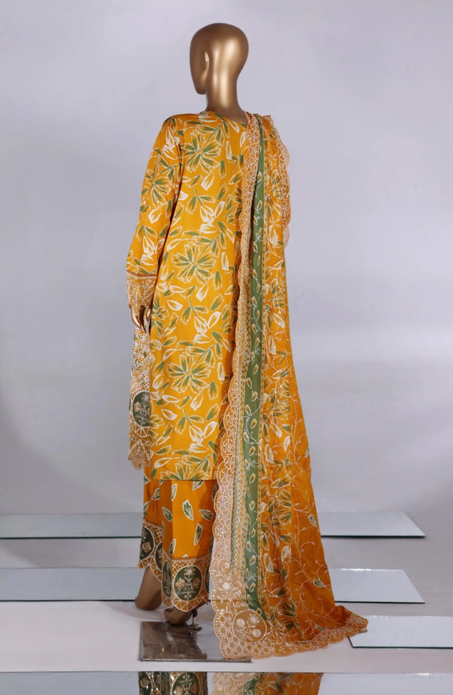 Luxury Embroidered Lawn Stitched 3 Piece Suit - D-02 -  - Yellow - Festive Collection