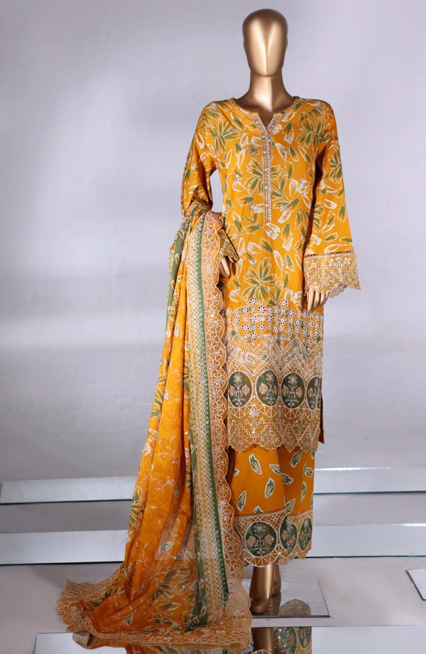 Luxury Embroidered Lawn Stitched 3 Piece Suit - D-02 -  - Yellow - Festive Collection