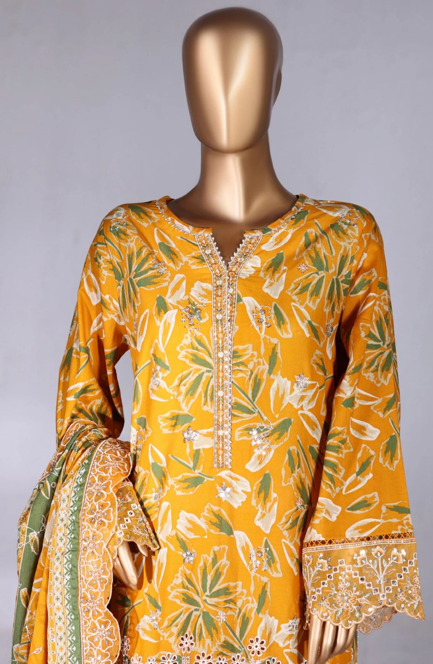 Luxury Embroidered Lawn Stitched 3 Piece Suit - D-02 -  - Yellow - Festive Collection