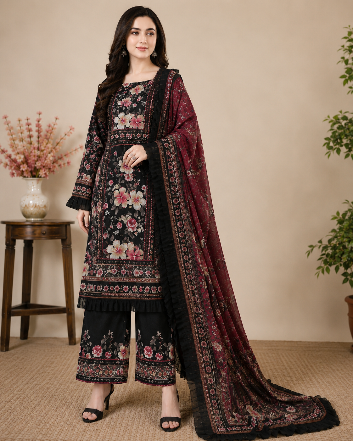 Midnight Blossom – Premium Unstitched 3-Piece Lawn Suit