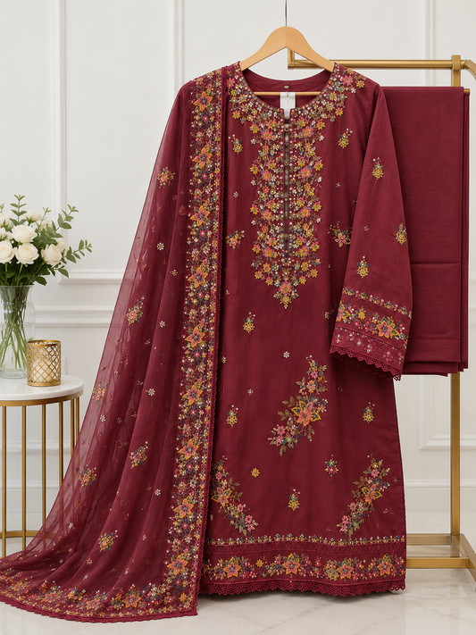 Ruby Royale Luxe – Premium Embroidered 3 Piece Stitched Suit