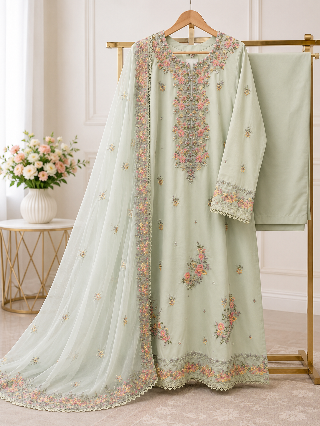 Mint Pearl Luxe – Premium Embroidered 3 Piece Stitched Suit for Women | Luxury Eid, Wedding & Festive Collection