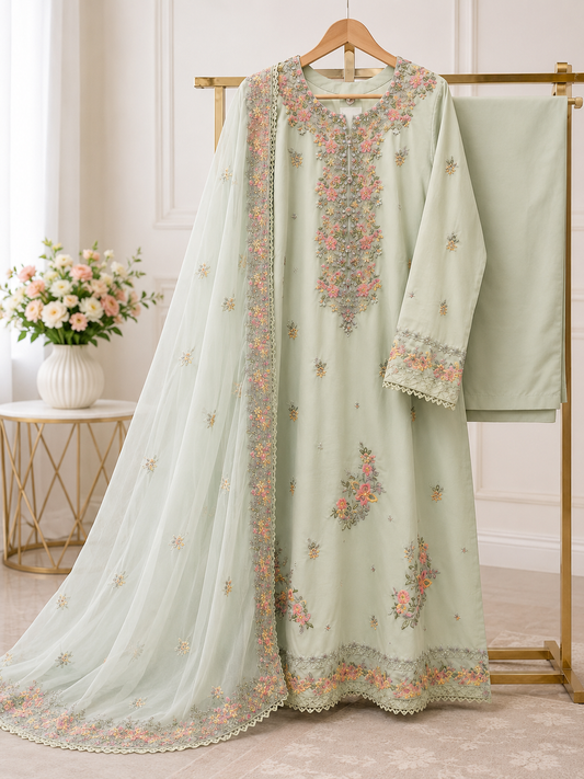 Mint Pearl Luxe – Premium Embroidered 3 Piece Stitched Suit for Women | Luxury Eid, Wedding & Festive Collection
