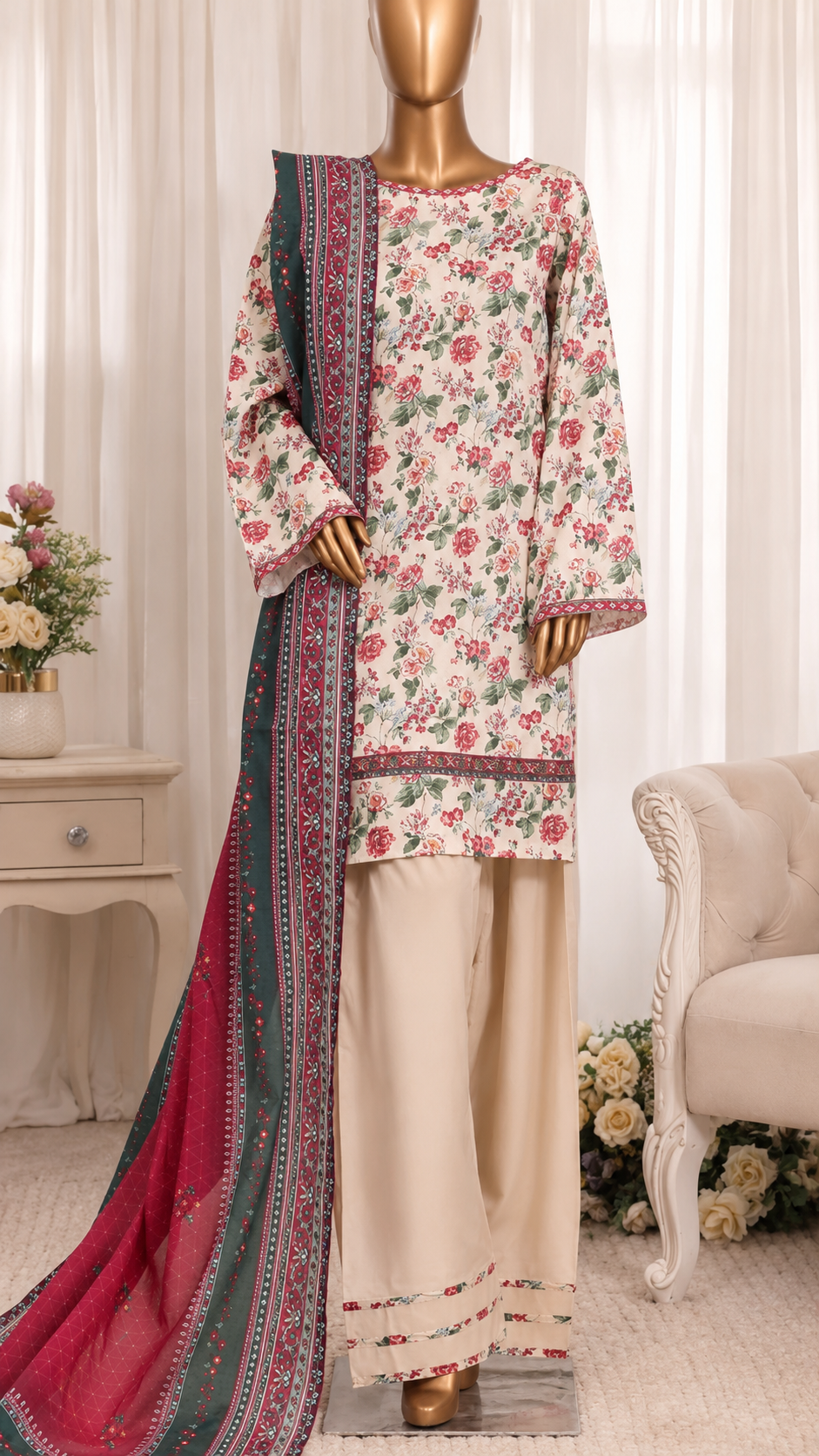 Rose Garden Premium Stitched 3 Piece Suit with Farshi Shalwar – Elegant Floral Printed Shirt & Luxury Printed Dupatta