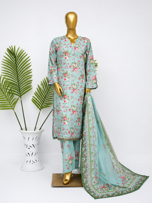 Premium Mint Floral Printed 3 Piece Stitched Suit