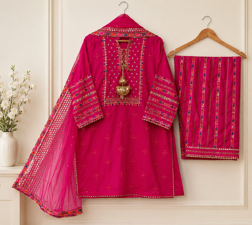 Ruby Pink Embroidered 3-Piece Suit