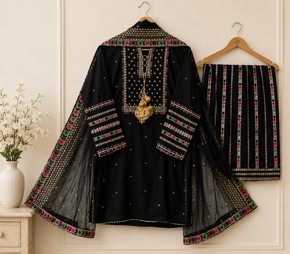 Midnight Black Embroidered 3-Piece Suit