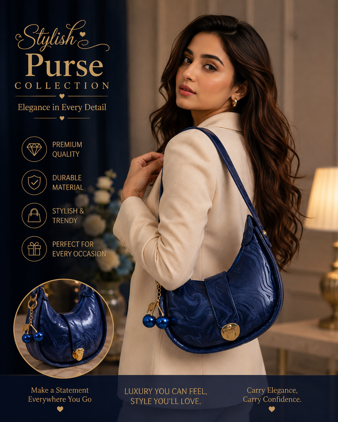 Luna Luxe Half Moon Shoulder Purse – Navy Blue