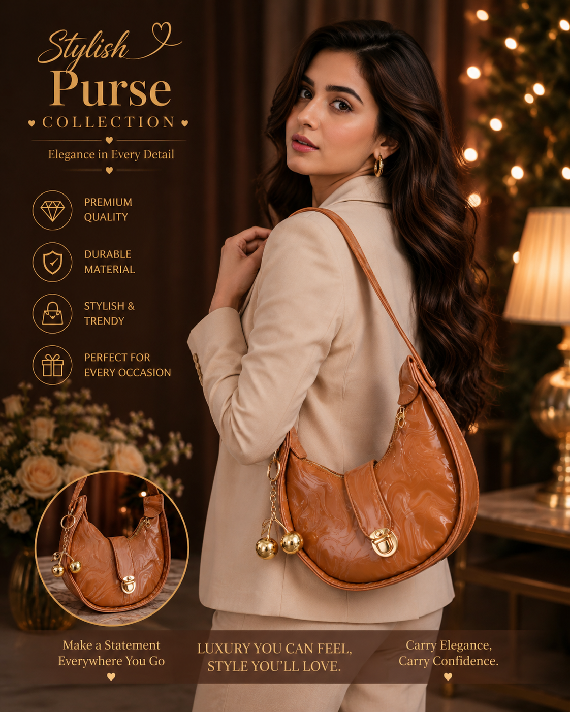 Luna Luxe Half Moon Handbag – Caramel Brown