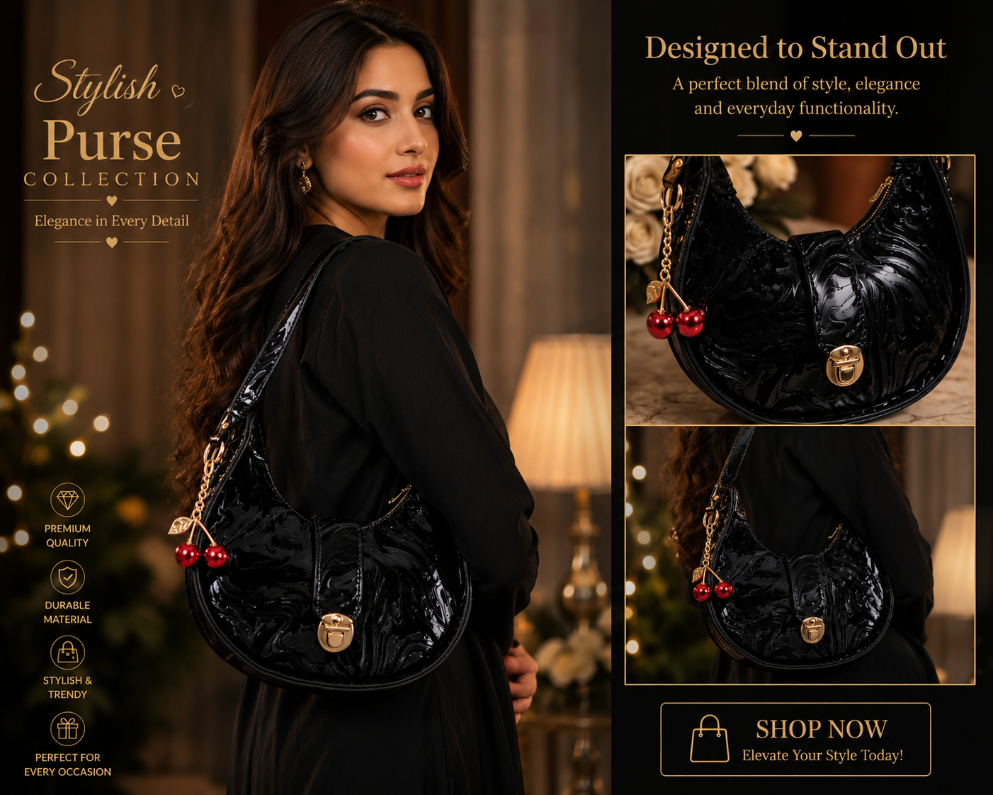 Midnight Luxe Half Moon Shoulder Bag – Black