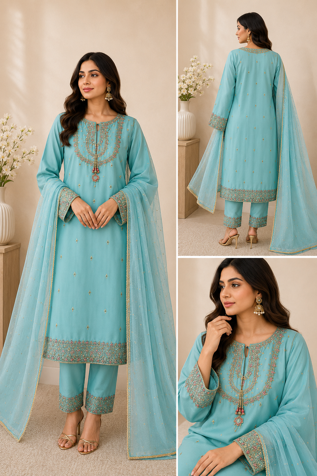 Elegant Sky Blue 3-Piece Embroidered Suit