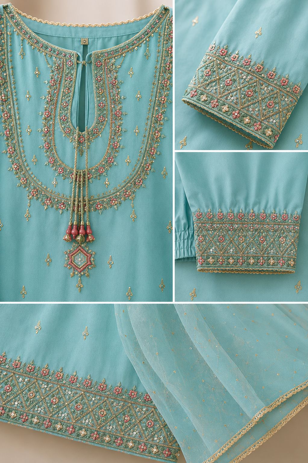 Elegant Sky Blue 3-Piece Embroidered Suit
