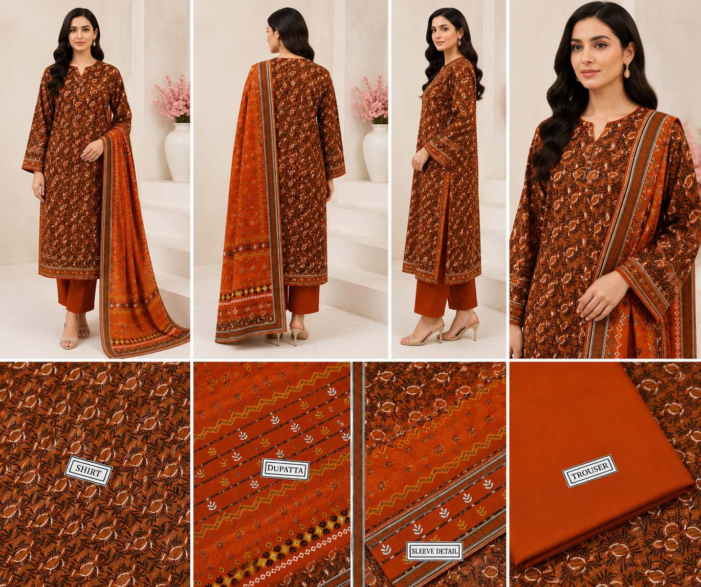 Rust Heritage – Premium Unstitched 3-Piece Lawn Suit