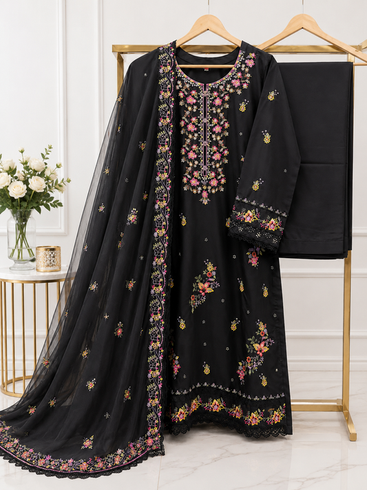Midnight Noir Luxe – Premium Embroidered 3-Piece Stitched Suit