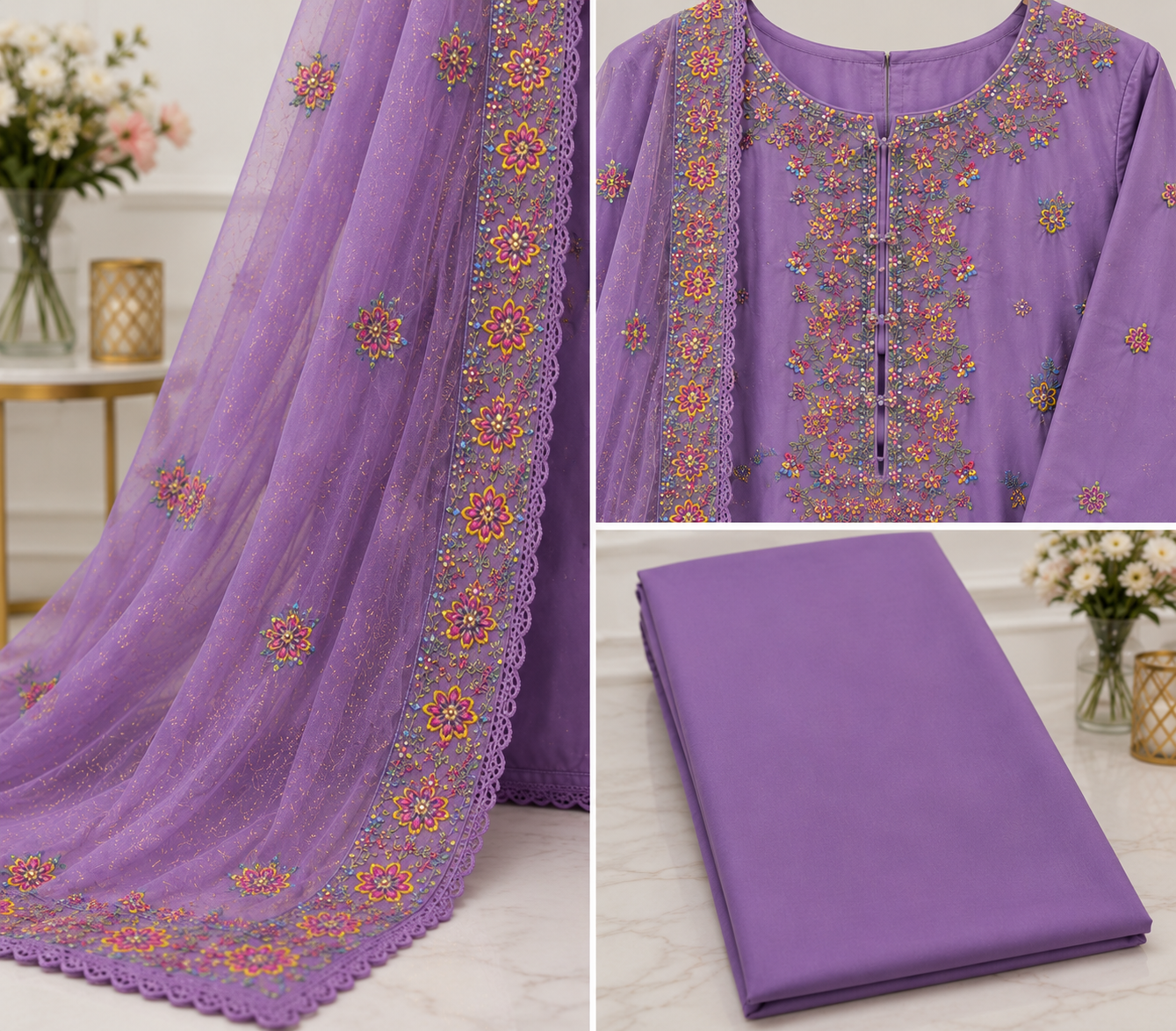 Lavender Bloom Luxe – Premium Embroidered 3 Piece Stitched Suit for Women | Luxury Festive & Eid Wear