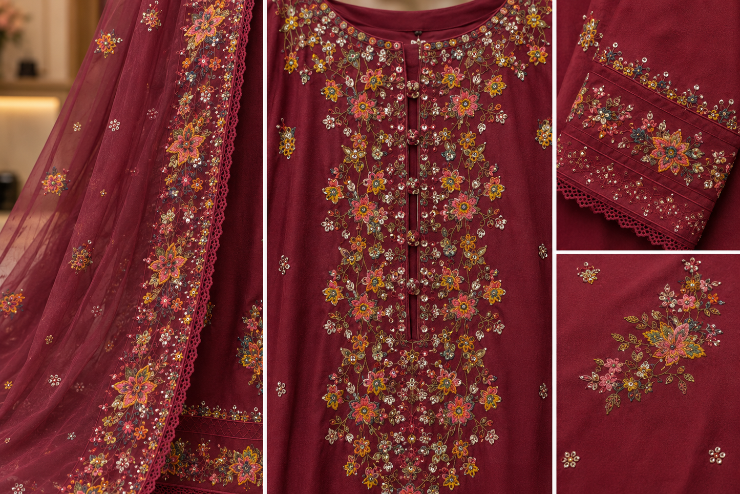 Ruby Royale Luxe – Premium Embroidered 3 Piece Stitched Suit for Women | Luxury Festive, Wedding & Eid Collection
