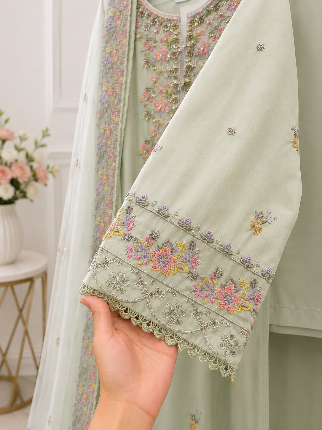 Mint Pearl Luxe – Premium Embroidered 3 Piece Stitched Suit for Women | Luxury Eid, Wedding & Festive Collection