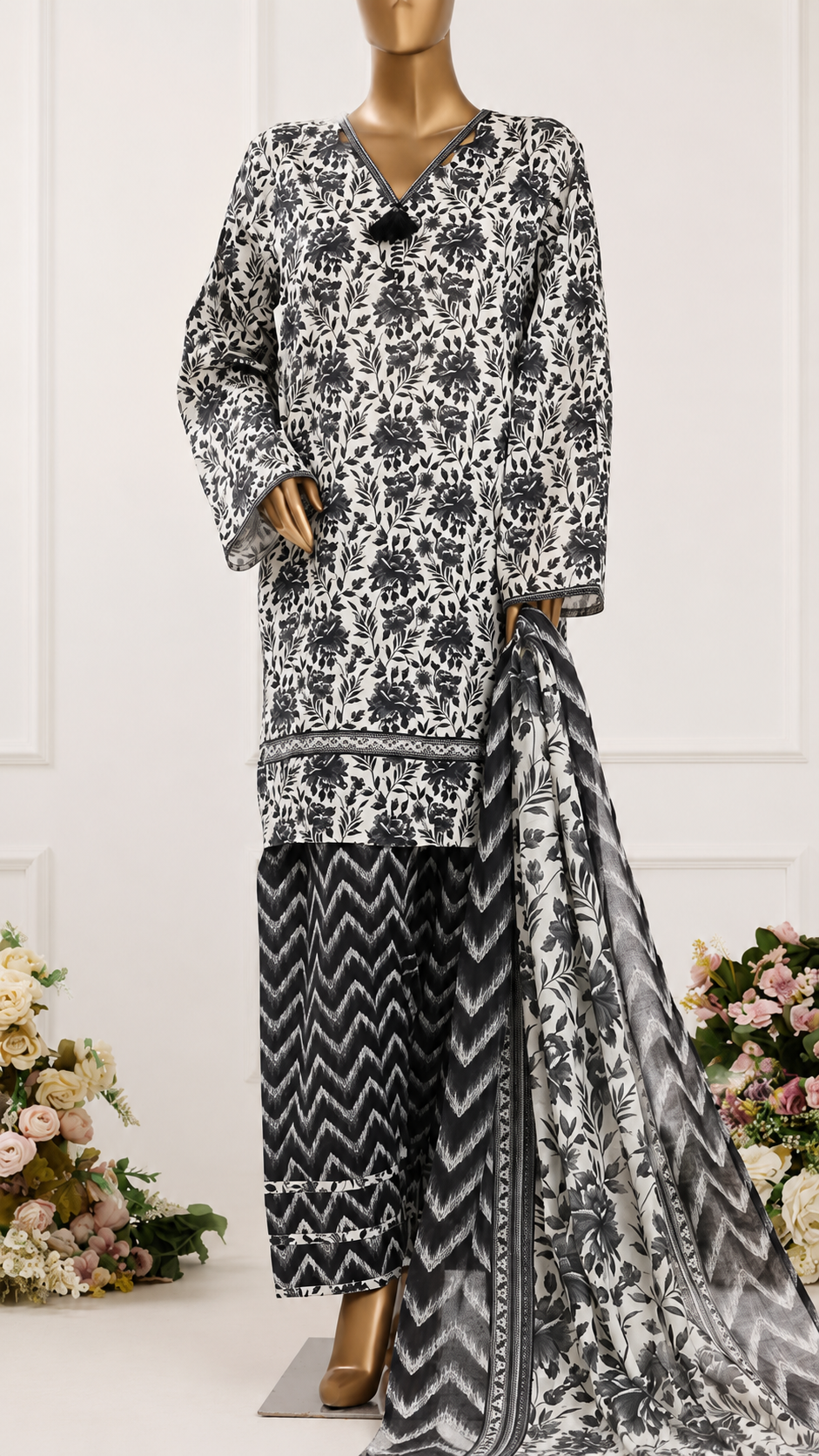 Noir Blossom Premium Stitched 3 Piece Suit with Farshi Shalwar – Elegant Floral Printed Shirt & Luxury Printed Dupatta
