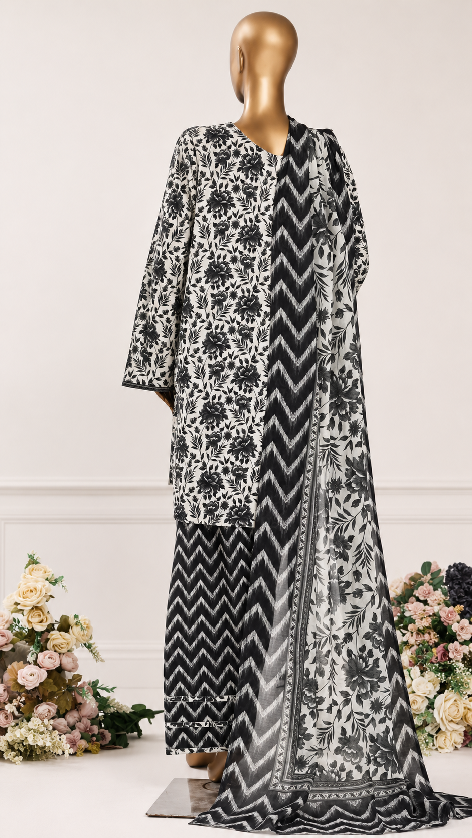Noir Blossom Premium Stitched 3 Piece Suit with Farshi Shalwar – Elegant Floral Printed Shirt & Luxury Printed Dupatta