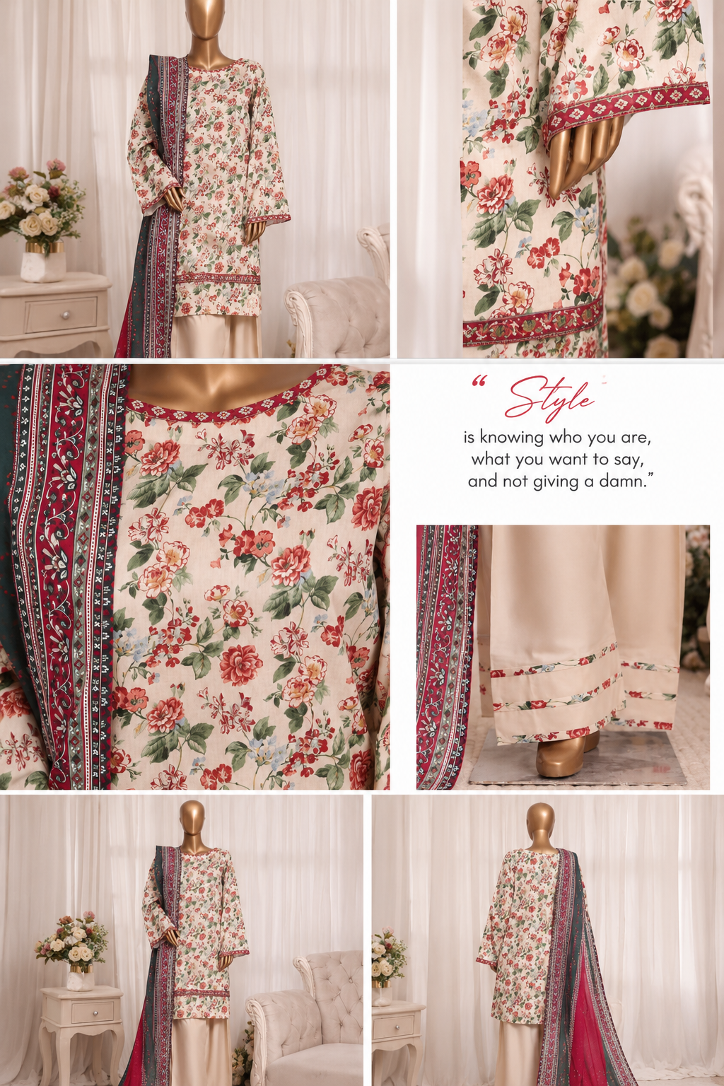 Rose Garden Premium Stitched 3 Piece Suit with Farshi Shalwar – Elegant Floral Printed Shirt & Luxury Printed Dupatta