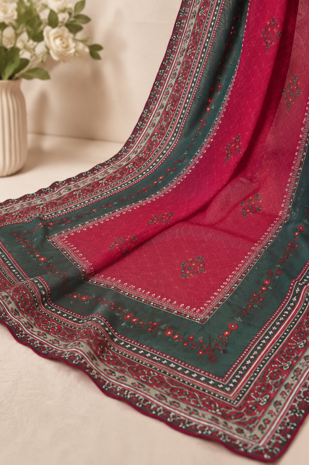 Rose Garden Premium Stitched 3 Piece Suit with Farshi Shalwar – Elegant Floral Printed Shirt & Luxury Printed Dupatta