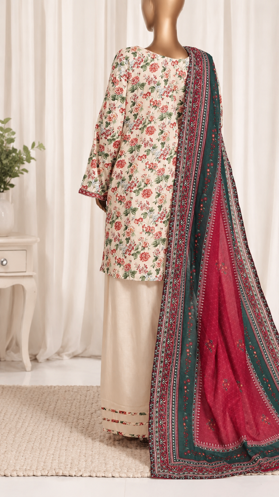 Rose Garden Premium Stitched 3 Piece Suit with Farshi Shalwar – Elegant Floral Printed Shirt & Luxury Printed Dupatta