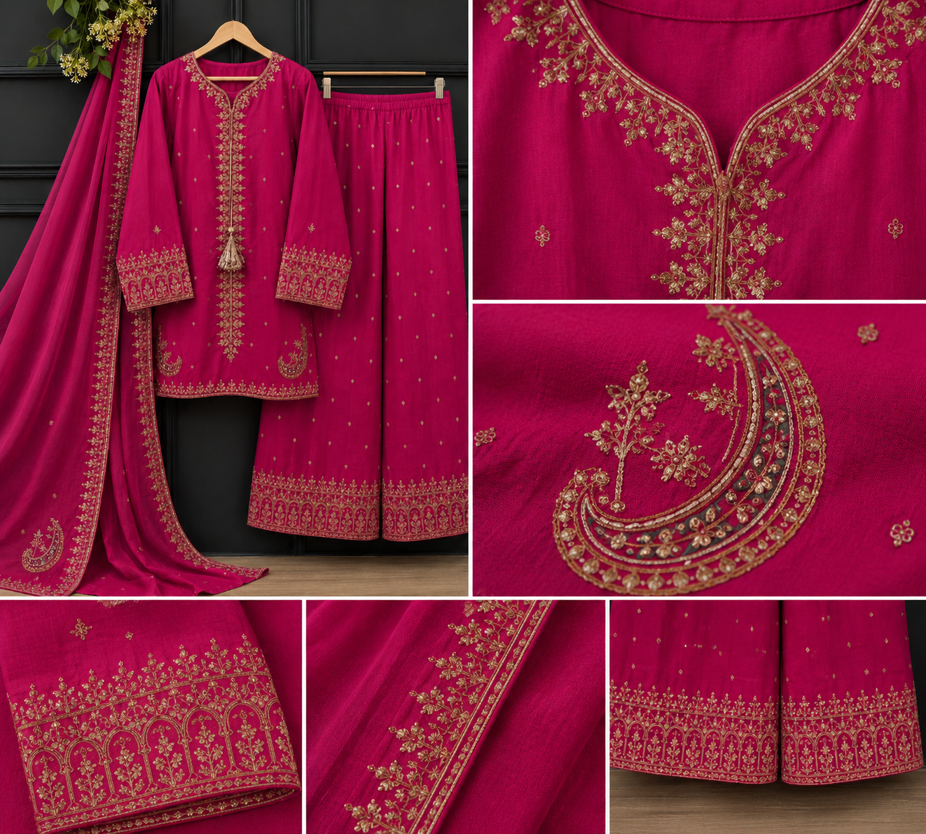 Luxury Ruby Pink 3 Piece Stitched Suit – Premium Embroidered Shirt with Elegant Dupatta & Wide Leg Trouser | Summer Festive Collection 2026