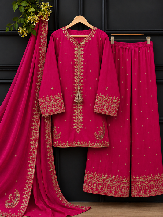 Luxury Ruby Pink 3 Piece Stitched Suit
