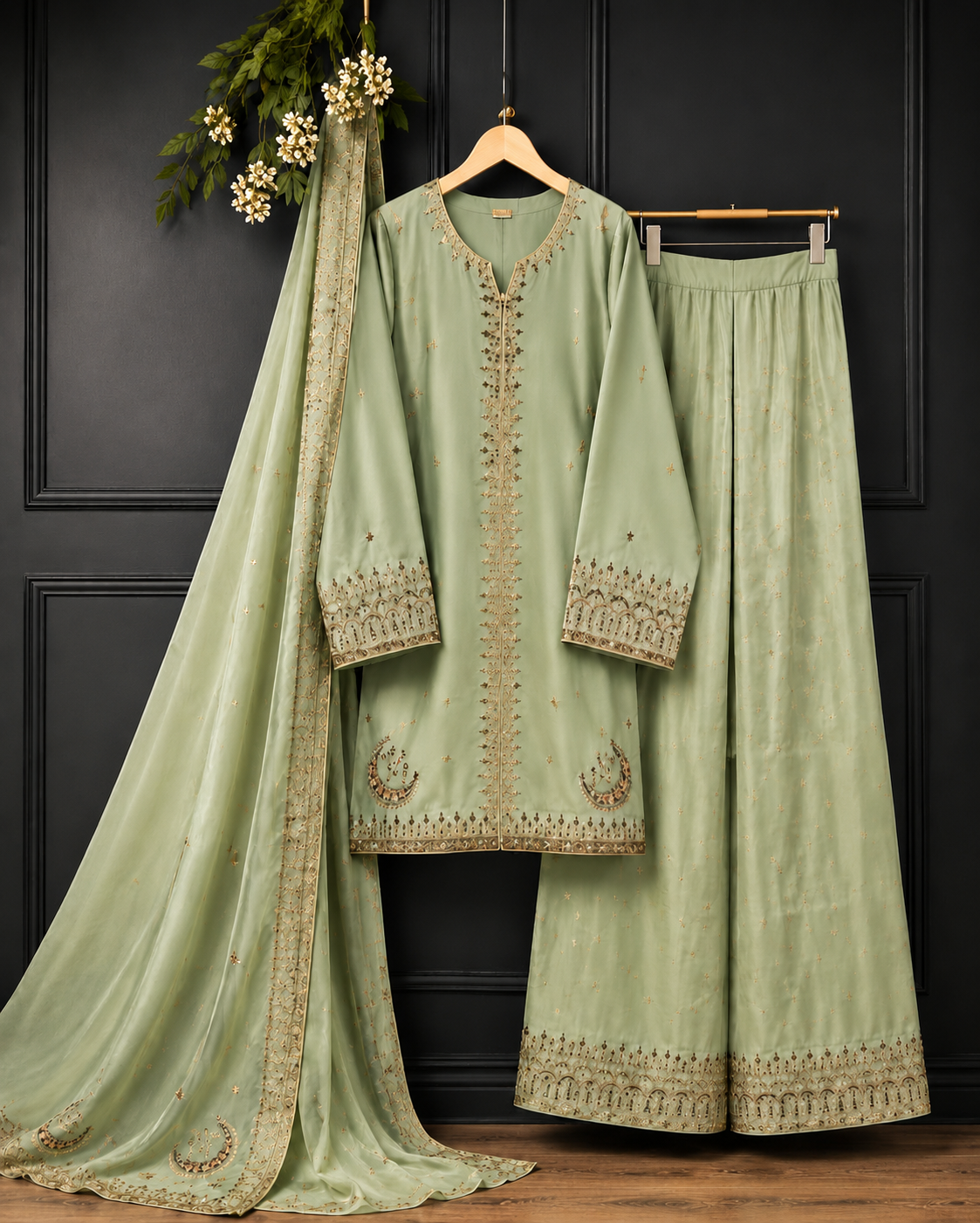 Sage Aura Premium Embroidered 3 Piece Suit – Elegant Festive & Party Wear
