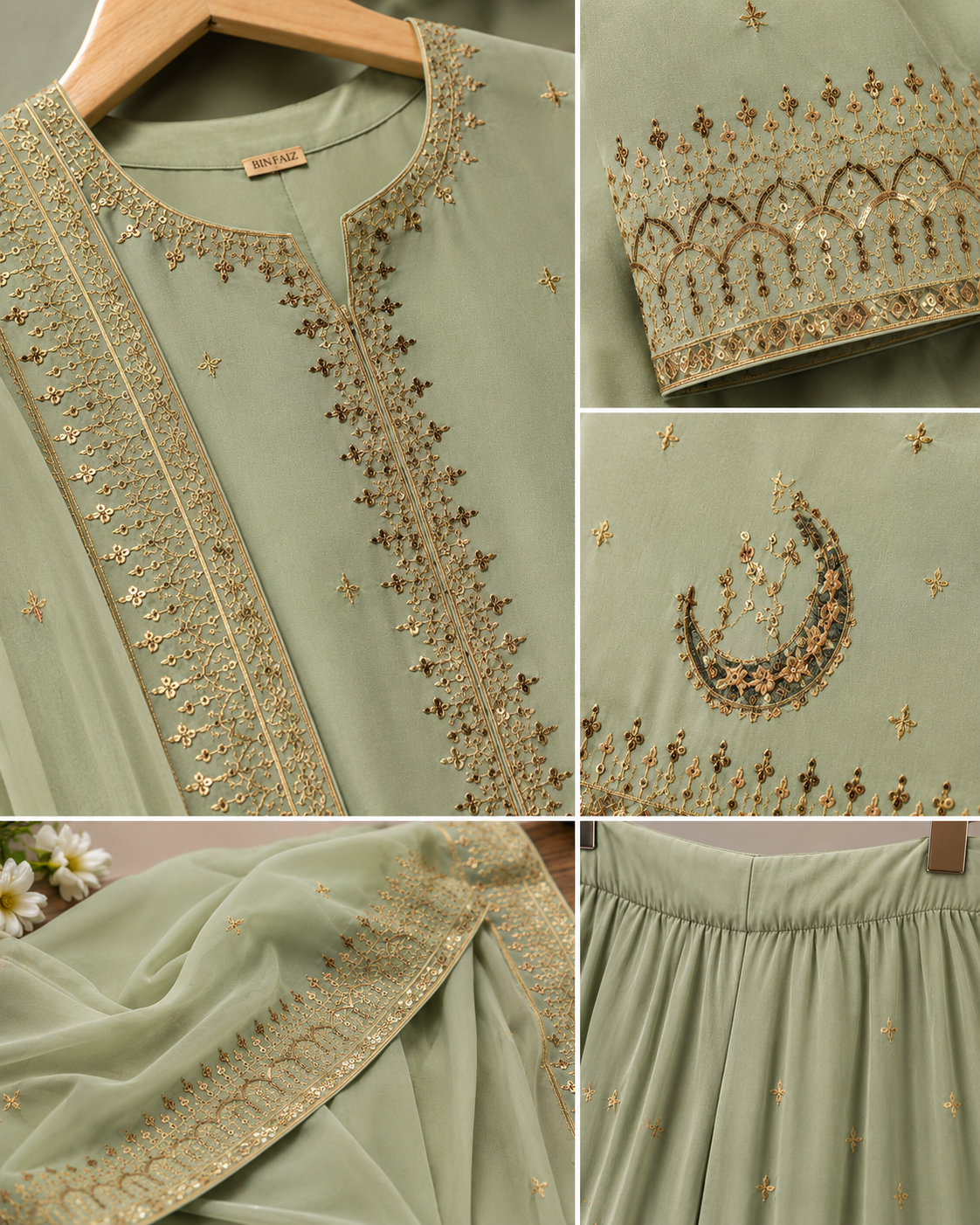 Sage Aura Premium Embroidered 3 Piece Suit – Elegant Festive & Party Wear