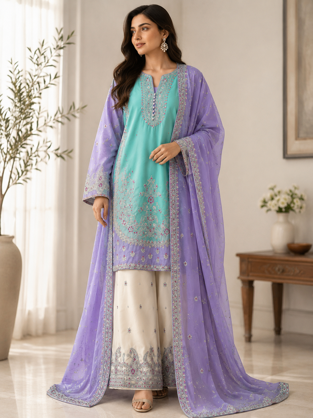 Stitched Lawn Formal Collection (Lilac Purple and Soft Ferozi)