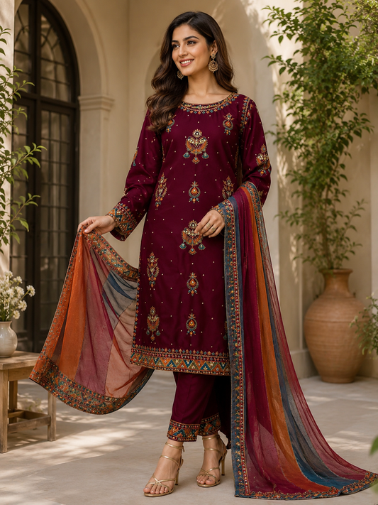 Zarqash Maroon – Premium Embroidered 3 Piece Lawn Suit