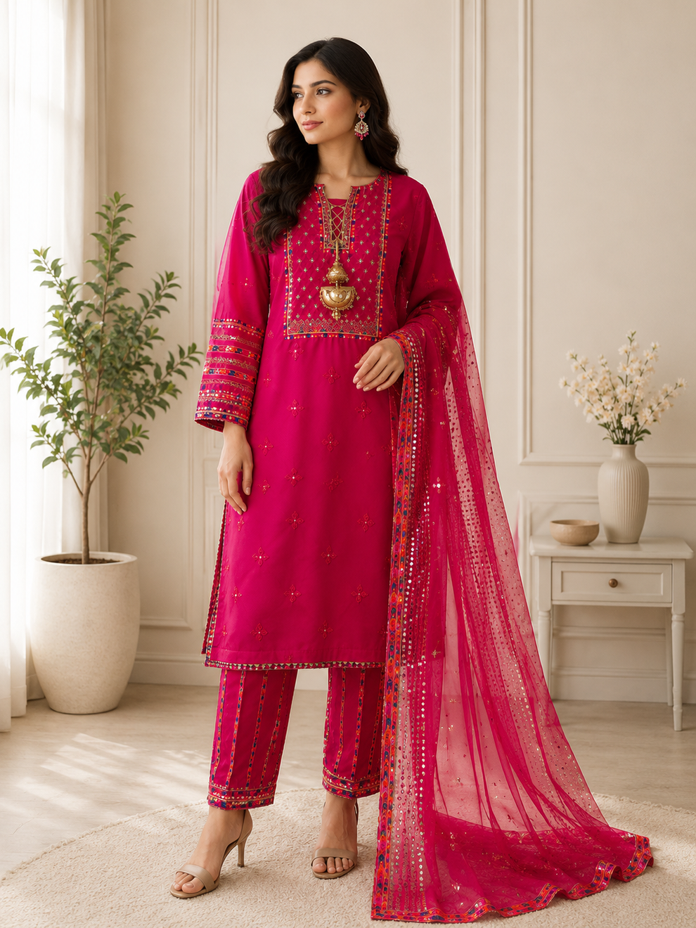 Ruby Pink Embroidered 3-Piece Suit