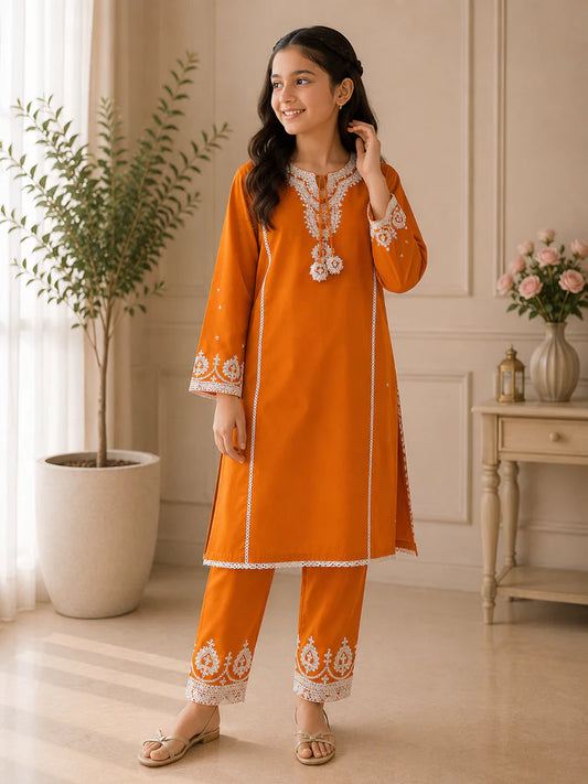 Amber Blossom – Girls Embroidered 2-Piece Suit