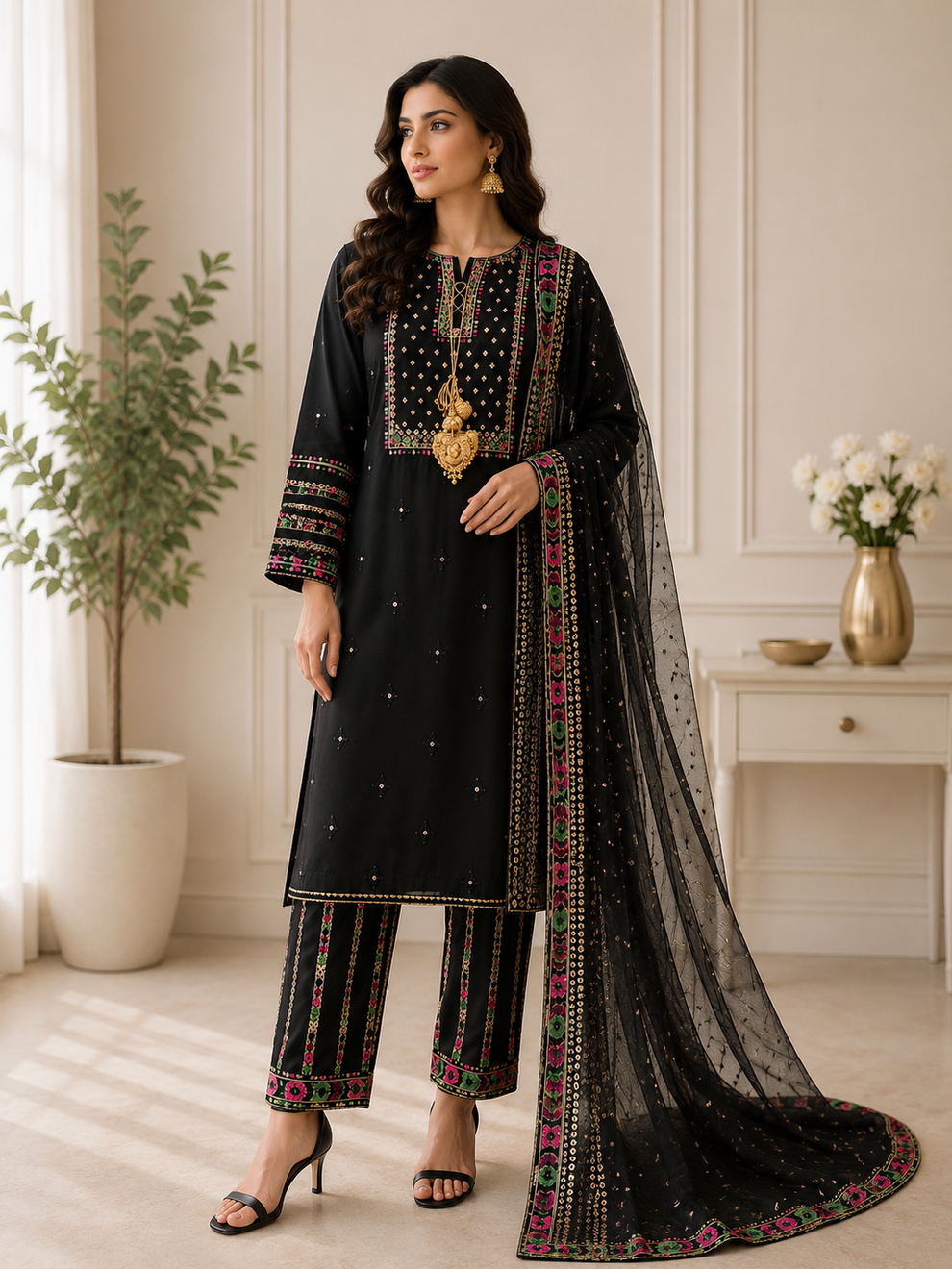 Midnight Black Embroidered 3-Piece Suit