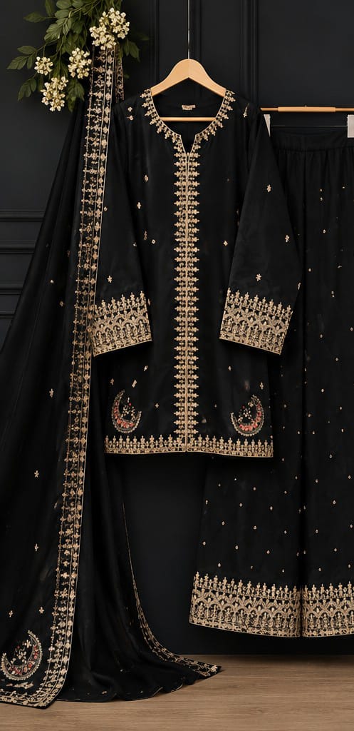 Luxury Black 3 Piece Stitched Suit – Premium Gold Embroidered Shirt with Elegant Dupatta & Wide-Leg Trouser | Festive Collection 2026