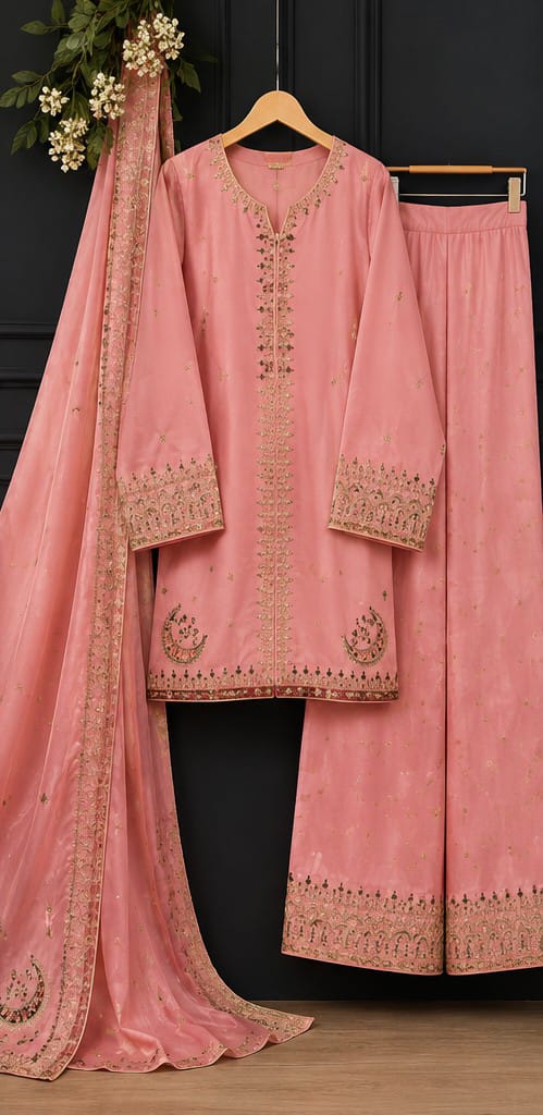 Luxury Blush Pink 3 Piece Stitched Suit – Premium Embroidered Shirt with Elegant Dupatta & Wide Leg Trouser | Festive Collection 2026
