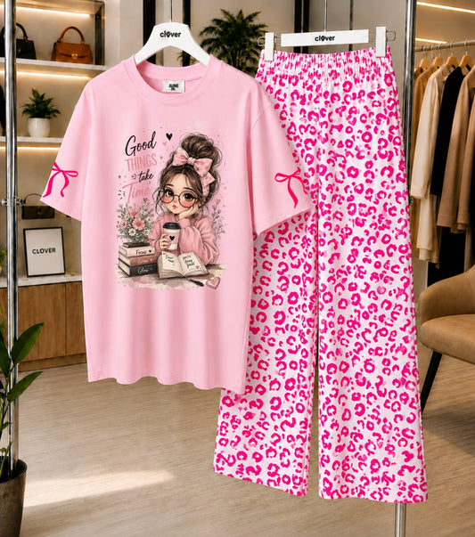 Cute Girl Print Pink Night Suit
