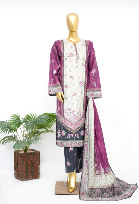 Elegant Floral Printed 3-Piece Lawn Suit with Dupatta – Plum & Ivory
