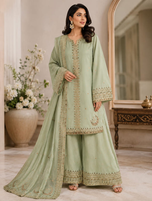 Sage Aura Premium Embroidered 3 Piece Suit – Elegant Festive & Party Wear