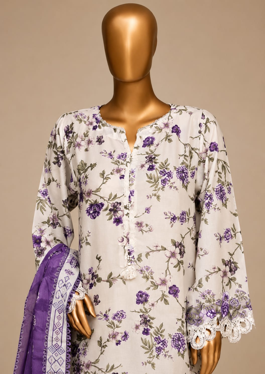 SADABAHAR Premium White & Lavender Floral 3-Piece Suit
