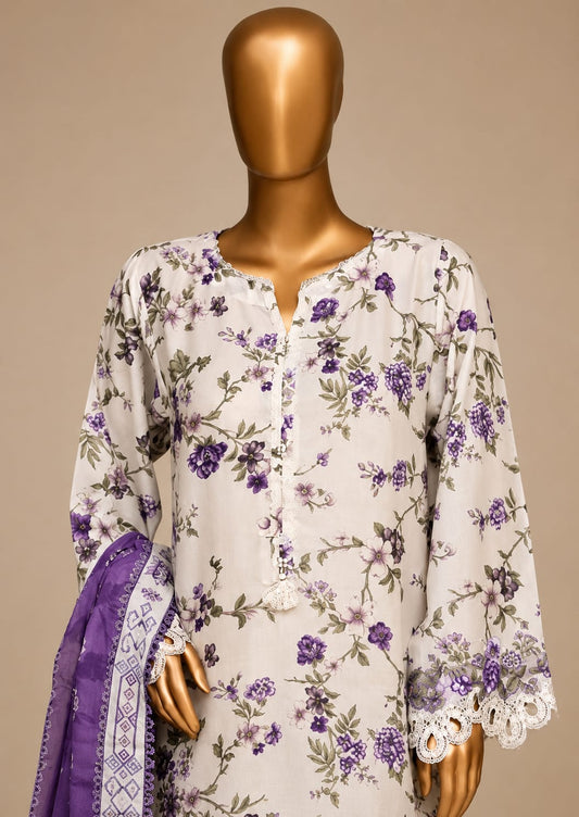 SADABAHAR Premium White & Lavender Floral 3-Piece Suit